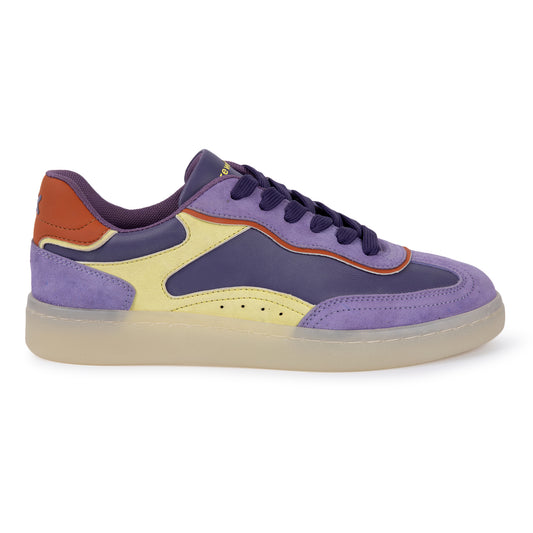 Purple and yellow sneaker on a white background